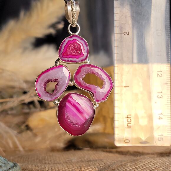 Raw Pink Geode Pendant – Vibrant Crystal Slice + 20" Sterling Silver Chain - Picture 2 of 10